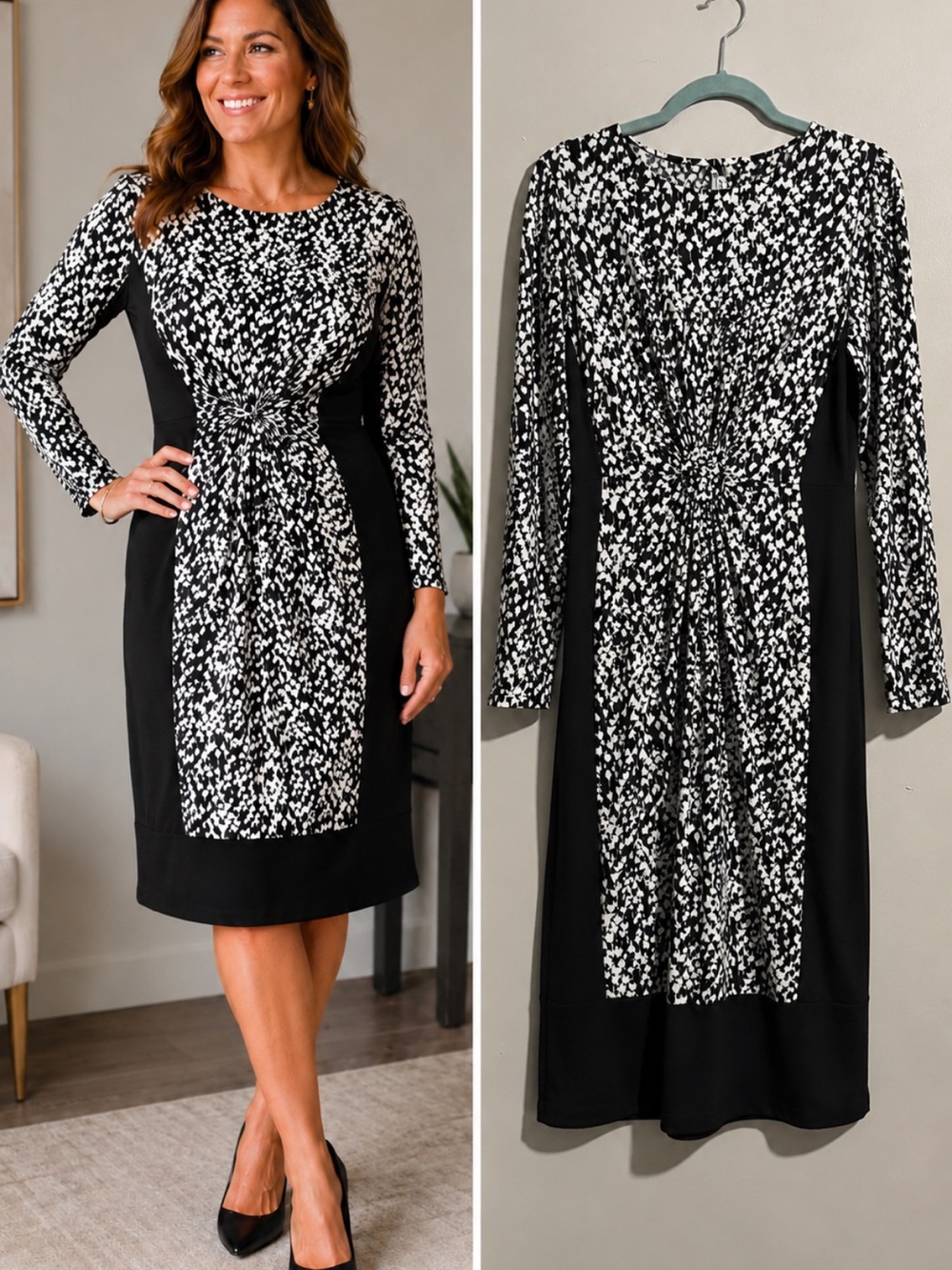 Brooks Brothers Black & White Floral Twist Front
Sheath Long Sleeve Midi Dress